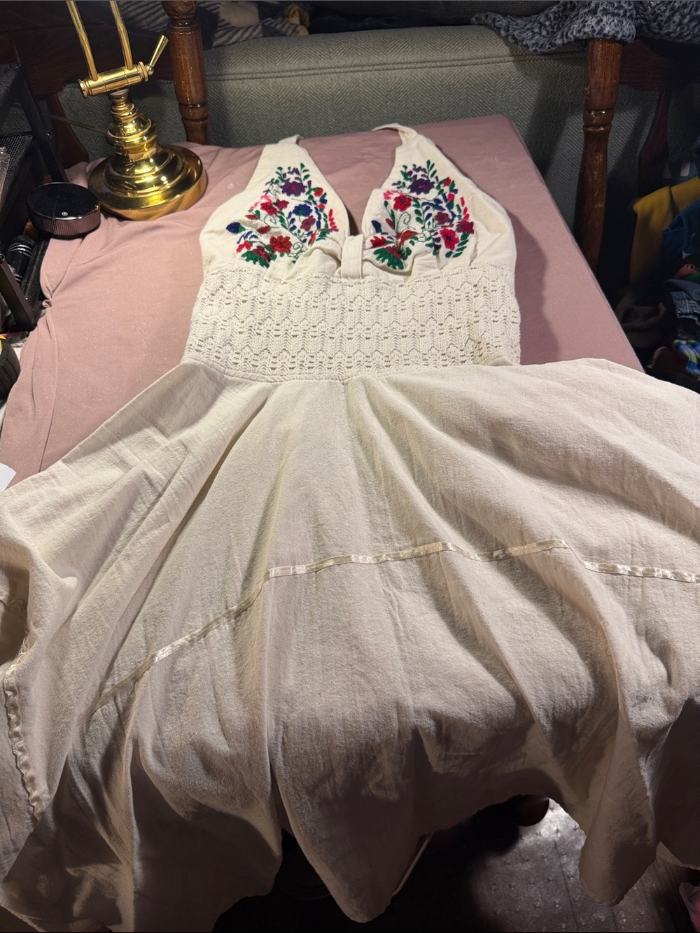 Cream Embroidered Midi Dress with Floral Bodice